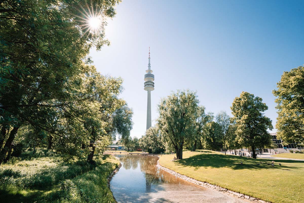View of Olympia Park with Olympia Tower Olympiaturm in Munich, Bavaria Germany